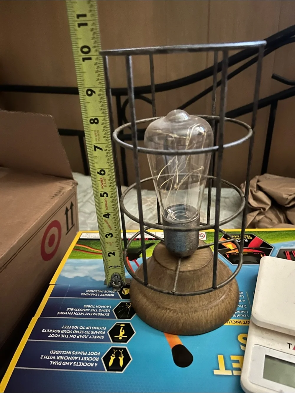Industrial Cage Table Lamp with Edison Bulb - Wood & Metal